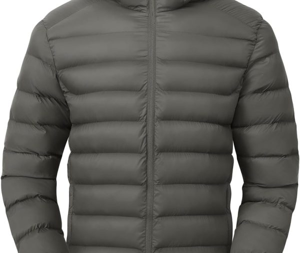 Men's Lightweight Puffer Jackets Detachable Hood Water-Resistant Casual Winter Coat Hooded Insulated for Travel Ski