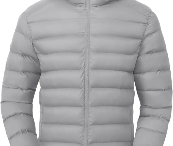 Men's Lightweight Puffer Jackets Detachable Hood Water-Resistant Casual Winter Coat Hooded Insulated for Travel Ski