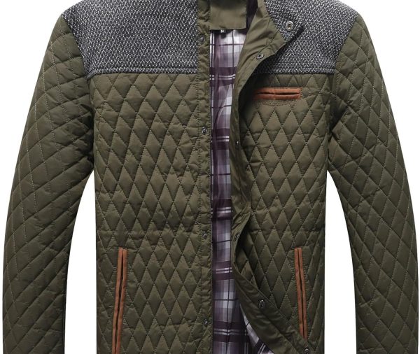 Men's Diamond Quilted Puffer Down Jacket Lightweight Business Casual Button Down Shirts