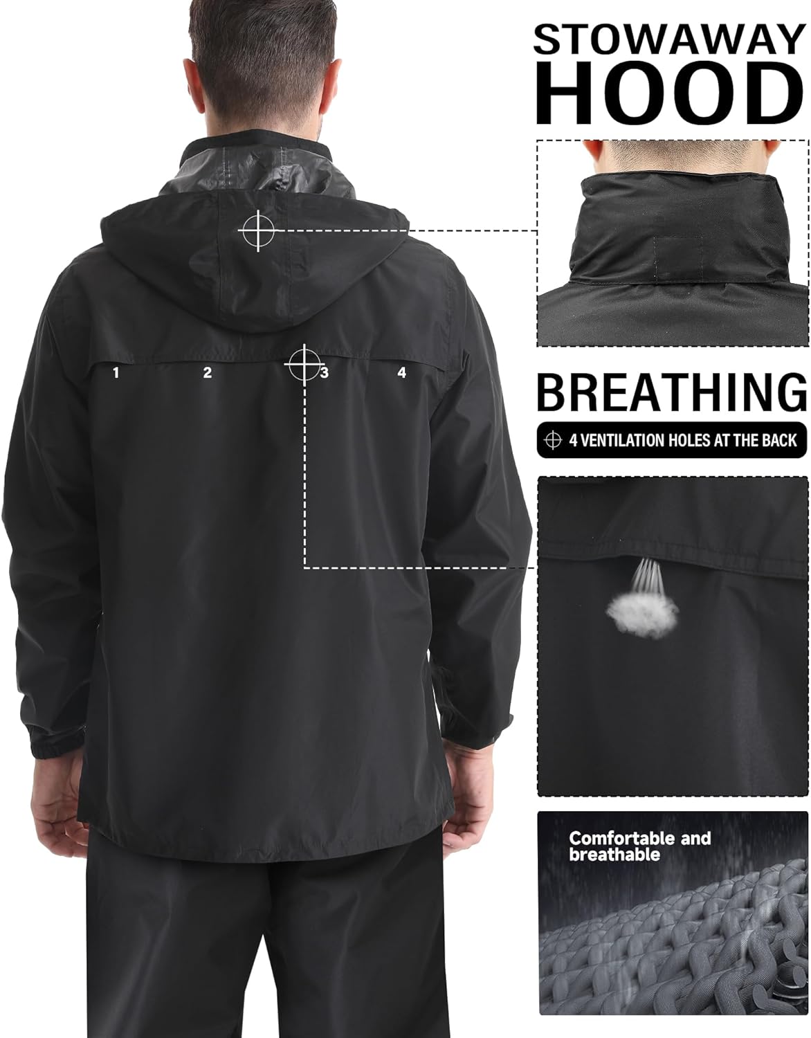 Men's Rain Jacket Lightweight Waterproof Packable Rain Shell Jacket Raincoat with Hood Windbreaker for Cycling, Golf - Image 2