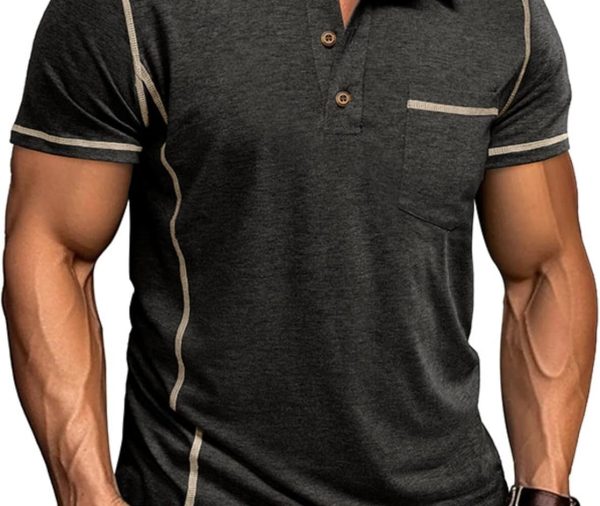 Men's Casual Polo Shirts Button Collared Short Sleeve T Shirt Classic Stylish Pullover Tee with Pocket