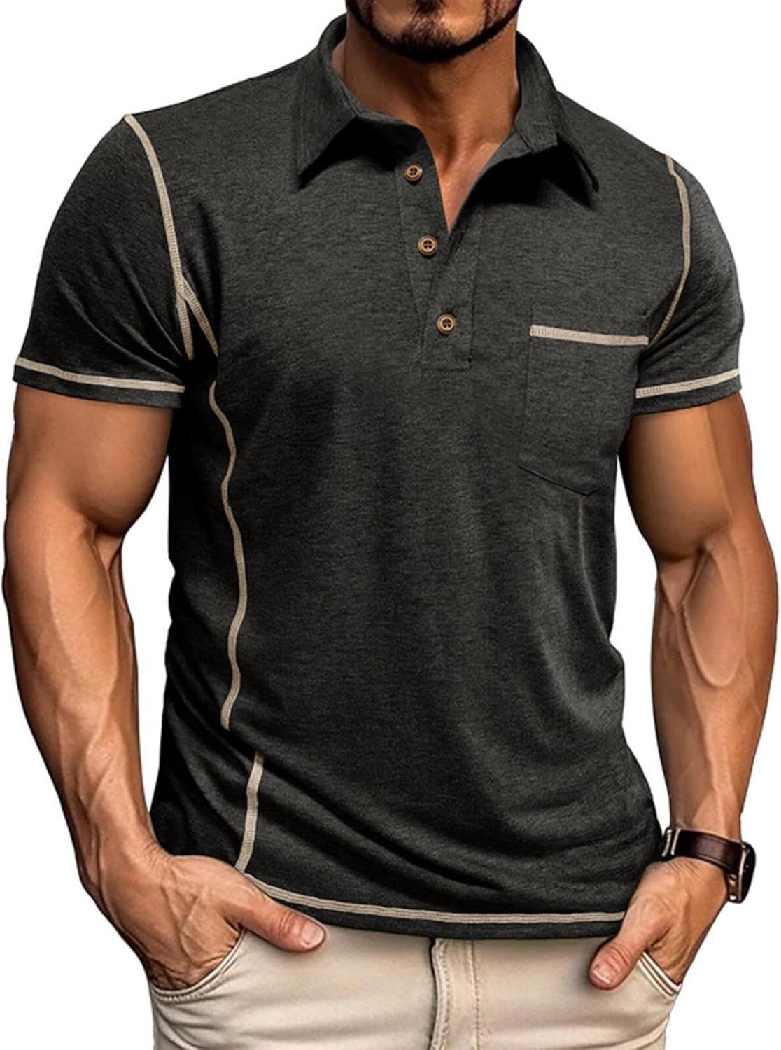 Men's Casual Polo Shirts Button Collared Short Sleeve T Shirt Classic Stylish Pullover Tee with Pocket