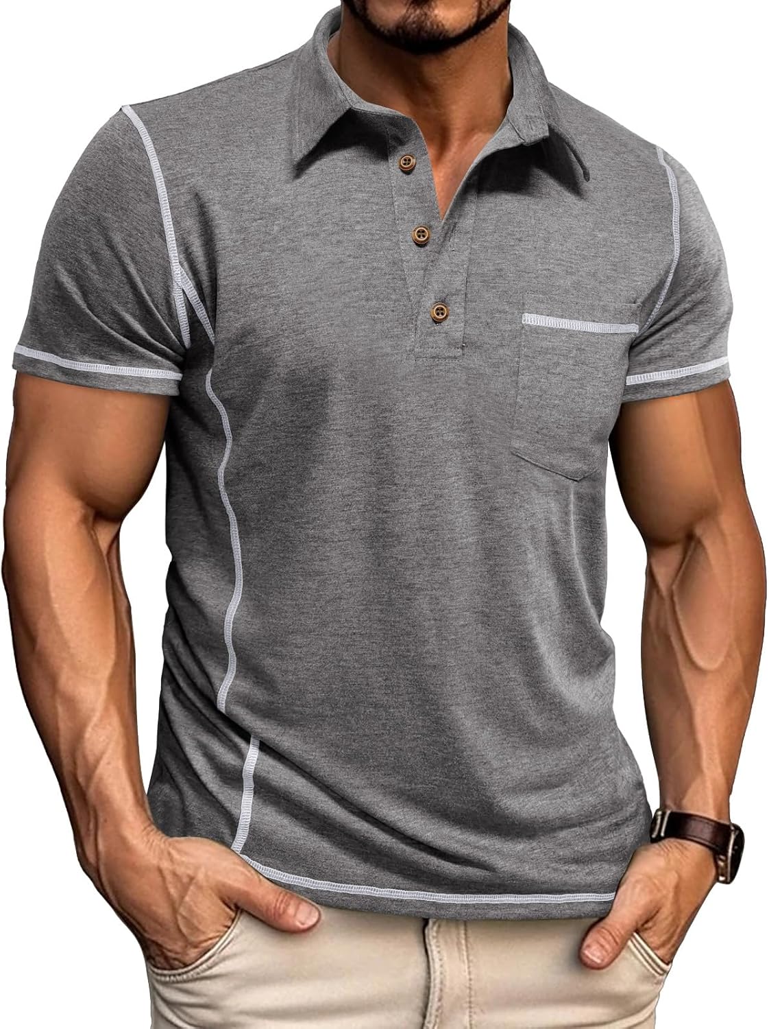 Men's Casual Polo Shirts Button Collared Short Sleeve T Shirt Classic Stylish Pullover Tee with Pocket - Image 2